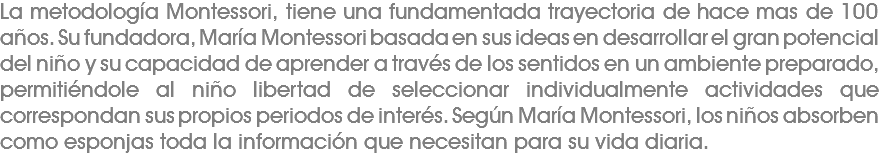 La metodología Montessori, tiene una fundamentada trayectoria de hace mas de 100 años. Su fundadora, María Montessori basada en sus ideas en desarrollar el gran potencial del niño y su capacidad de aprender a través de los sentidos en un ambiente preparado, permitiéndole al niño libertad de seleccionar individualmente actividades que correspondan sus propios periodos de interés. Según María Montessori, los niños absorben como esponjas toda la información que necesitan para su vida diaria. 